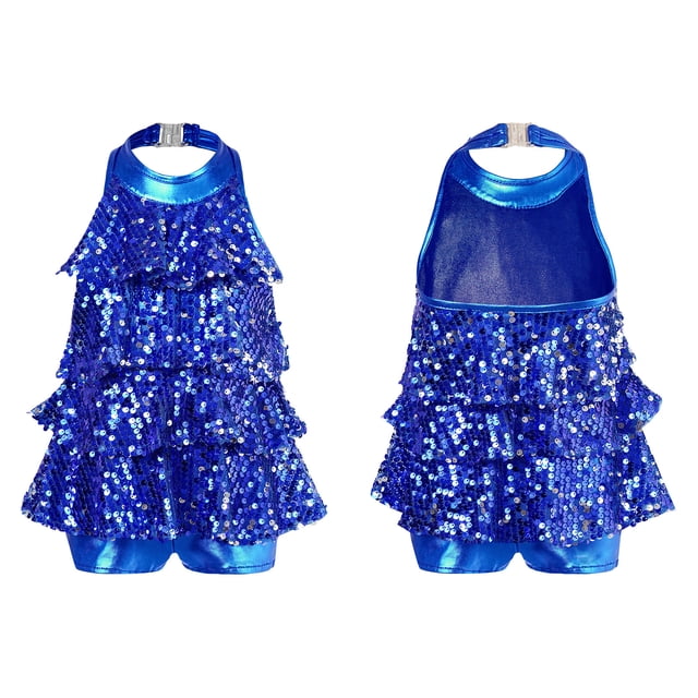 TiaoBug Robe Mini Sans Manches à Sequins Brillants avec Franges pour Filles, Robe de Salsa de Jazz Latin, Robe de Rumba Unitard Bleu Royal 16
