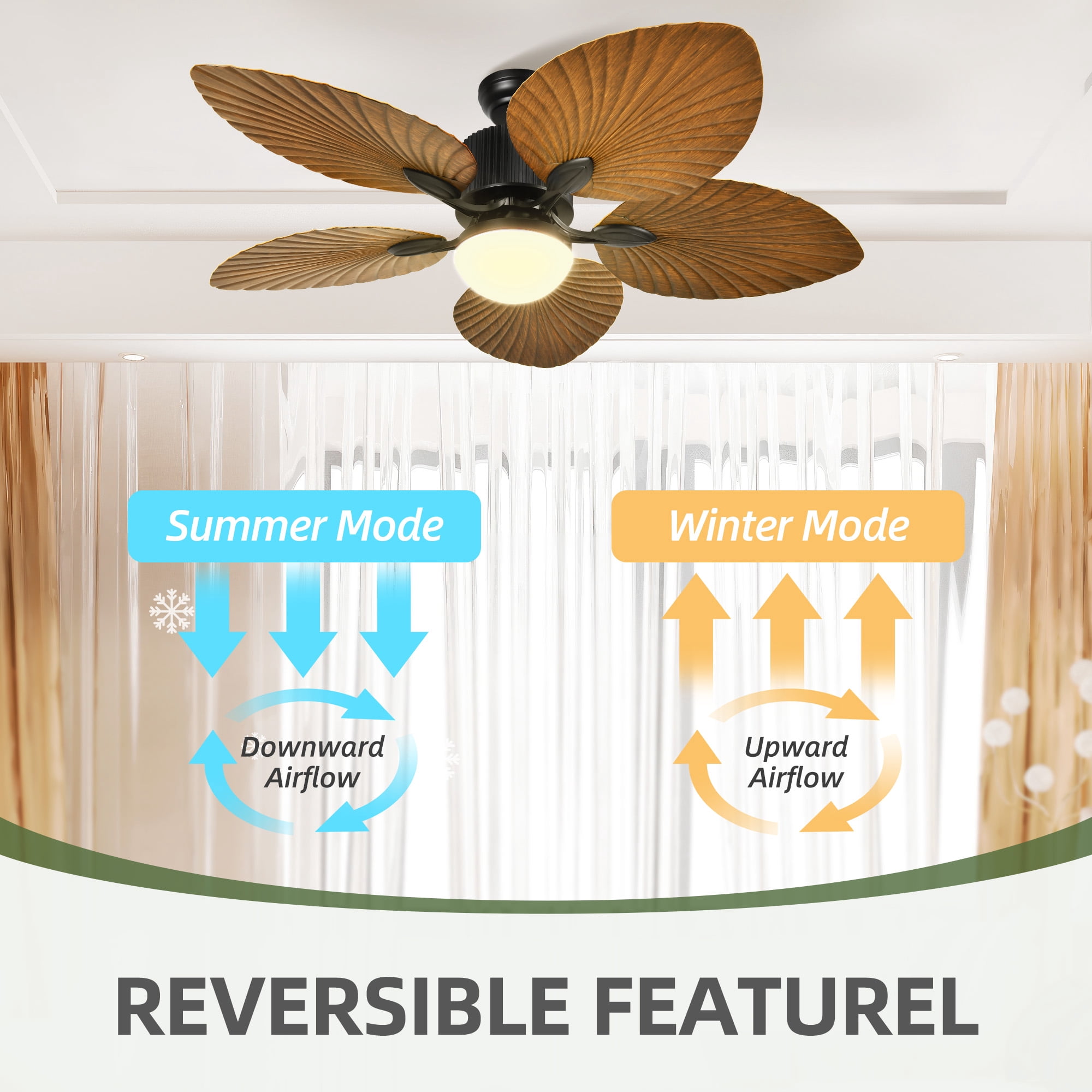 Uforic 52" Tropical Ceiling Fans with LED Light and Remote,Alexa,3 Ways Control,5 Palm Leaf blades Ceiling Fan - Brown