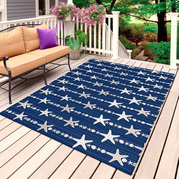 Starfish Navy Outdoor Rug for Patio/Deck/Porch, Non-Slip Large Area Rug 5 x 7 Ft, Blue Coastal Ocean Summer Sea Beach Indoor Outdoor Rugs Washable Area Rugs, Reversible Camping Rug Carpet Runner
