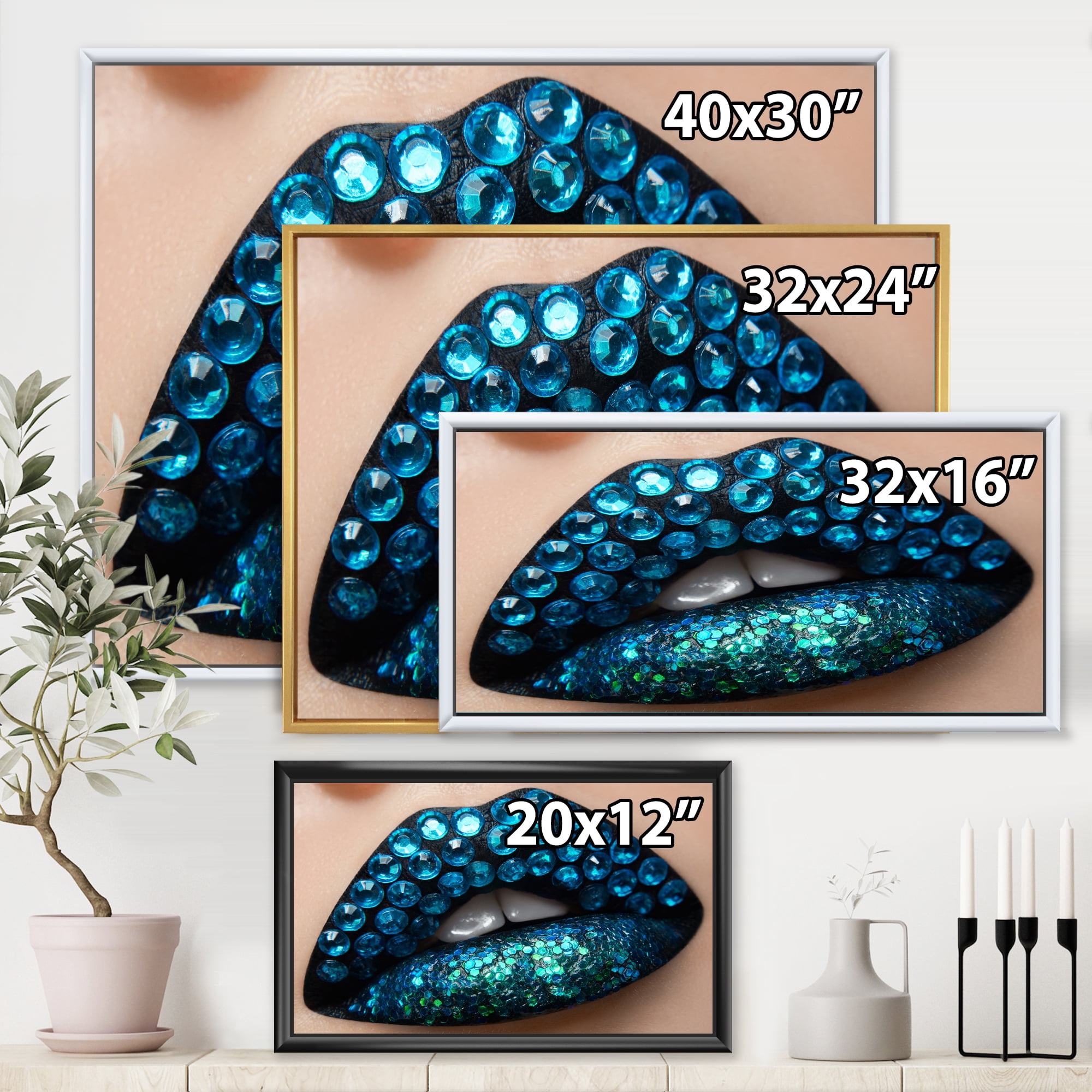 Designart 'Woman Lips With Black Lipstick Blue Diamonds' Modern Framed Canvas Wall Art Print