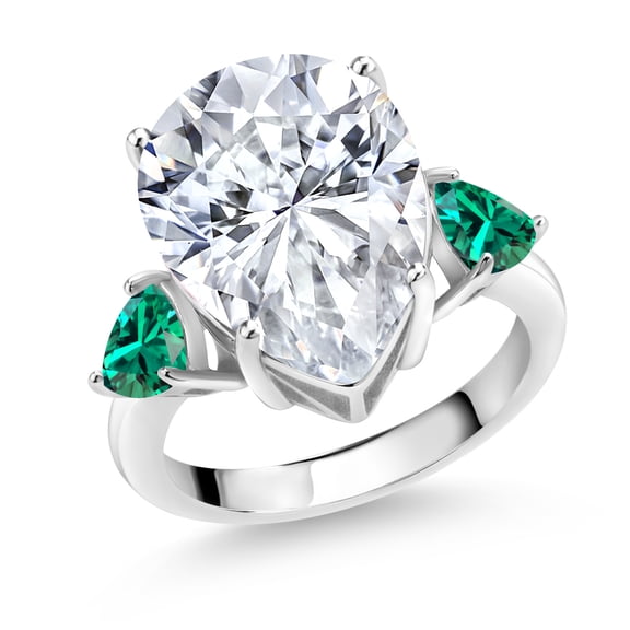 Gem Stone King 925 Sterling Silver Green Nano Emerald Ring Set with Moissanite (10.11 Cttw) (Size 5)