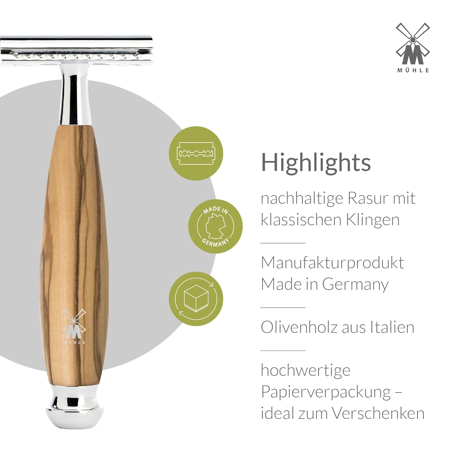 MÜHLE VIVO Olive Wood Closed Comb Safety Razor - Clean Shaving, Modern Design