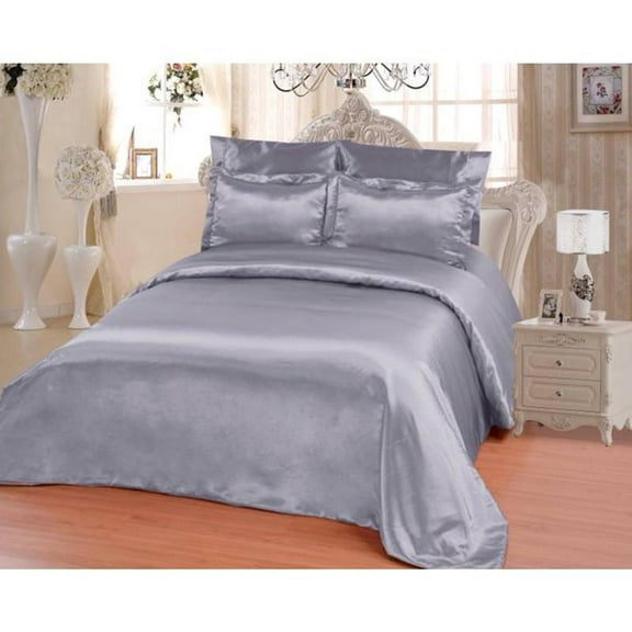 OctoRose 6 PCS Duvet Sheet Set Supreme Quality Sexy Satin Silk Pets Friendly 1 Duvet Cover 1 Fitted Sheet 2 Pillow case 2 Pillow Shams Silver CalKing Size