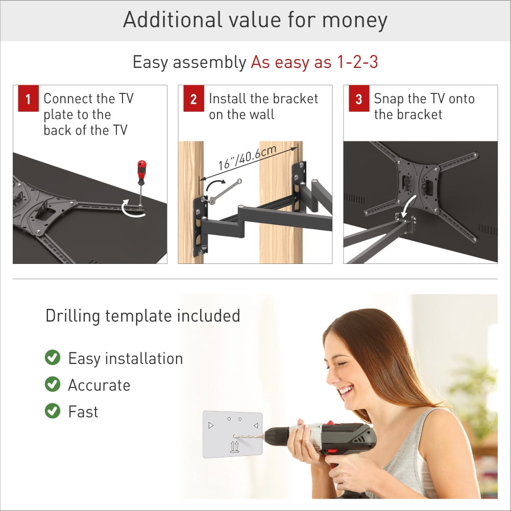 Barkan TV Wall Mount, 13 - 90 inch Patented Full Motion Flat / Curved Screen Bracket, Holds up to 132lbs, Extra Stable, Fits LED OLED LCD