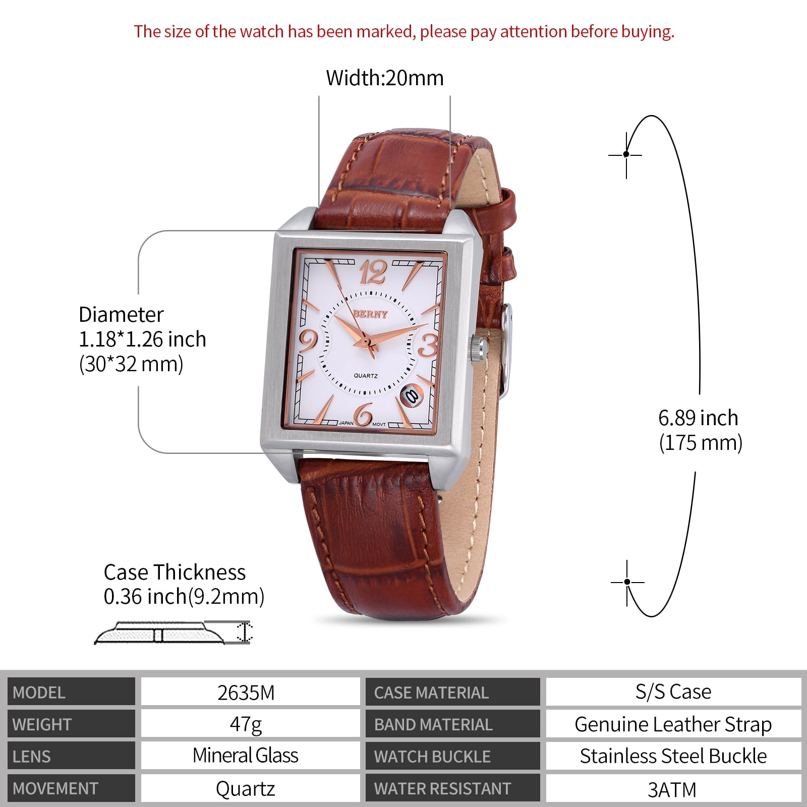 BERNY Square Watches for Men, Vintage Quartz Analog Leather Watch with Date Calendar, Stainless Steel, Waterproof, Dress Mens Wrist Watch Gifts (Rose Gold)
