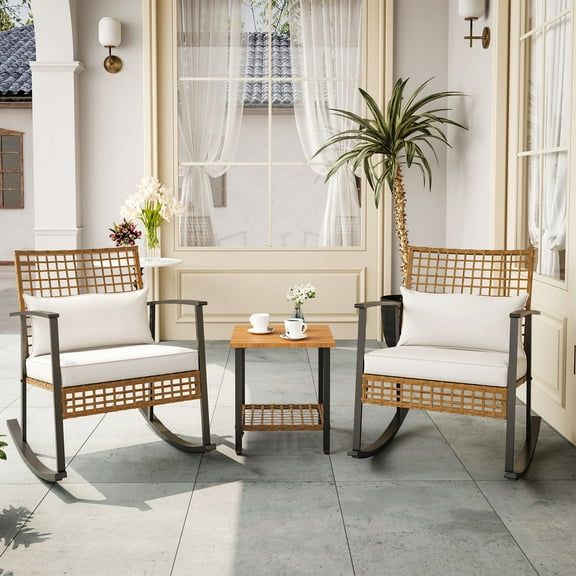 KAMEROUT 3 Pieces Patio Outdoor Conversation Set, PE Wicker Rocking Chairs with 2-Tier Coffee Table and Beige Cushions