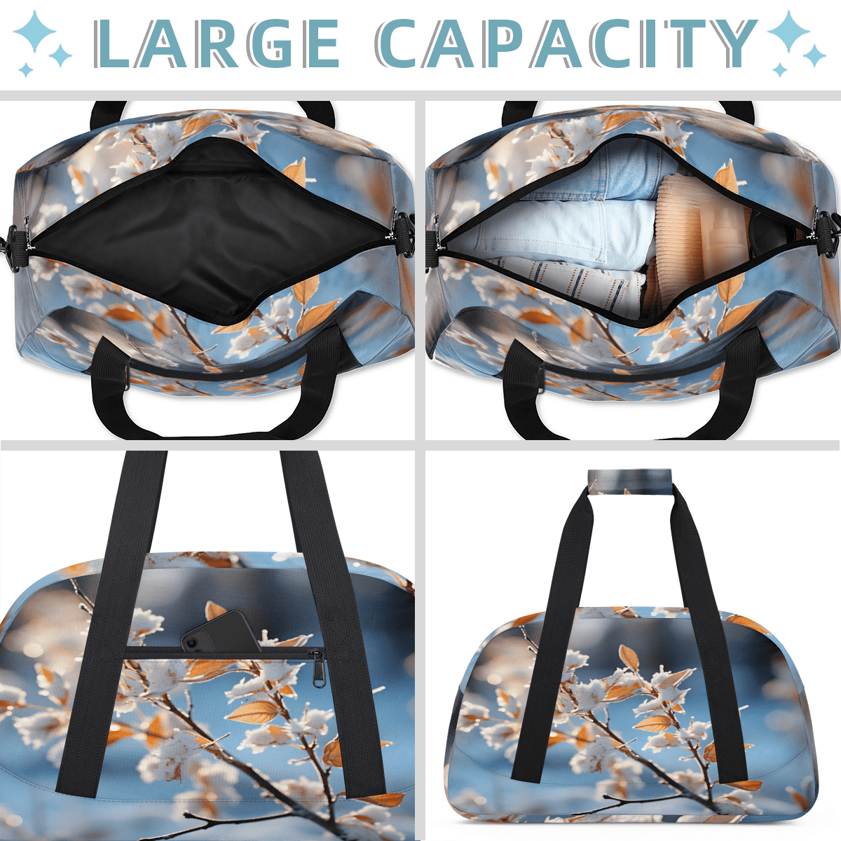 Herdesigns Winter Floral Sports Duffle Bag for Women & Men, Tree Branch Flower Gym Bag Dance Bag Overnight Bag Carry On Weekender Travel Bag