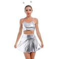 thumbnail image 5 of Women's 3Piece Metallic Outfit Shiny Crop Top + Silver Flared Skirt + Alien Headband Halloween Costume Clubwear Musical Festival Rave Outfit XXL Silver - Cami, 5 of 8