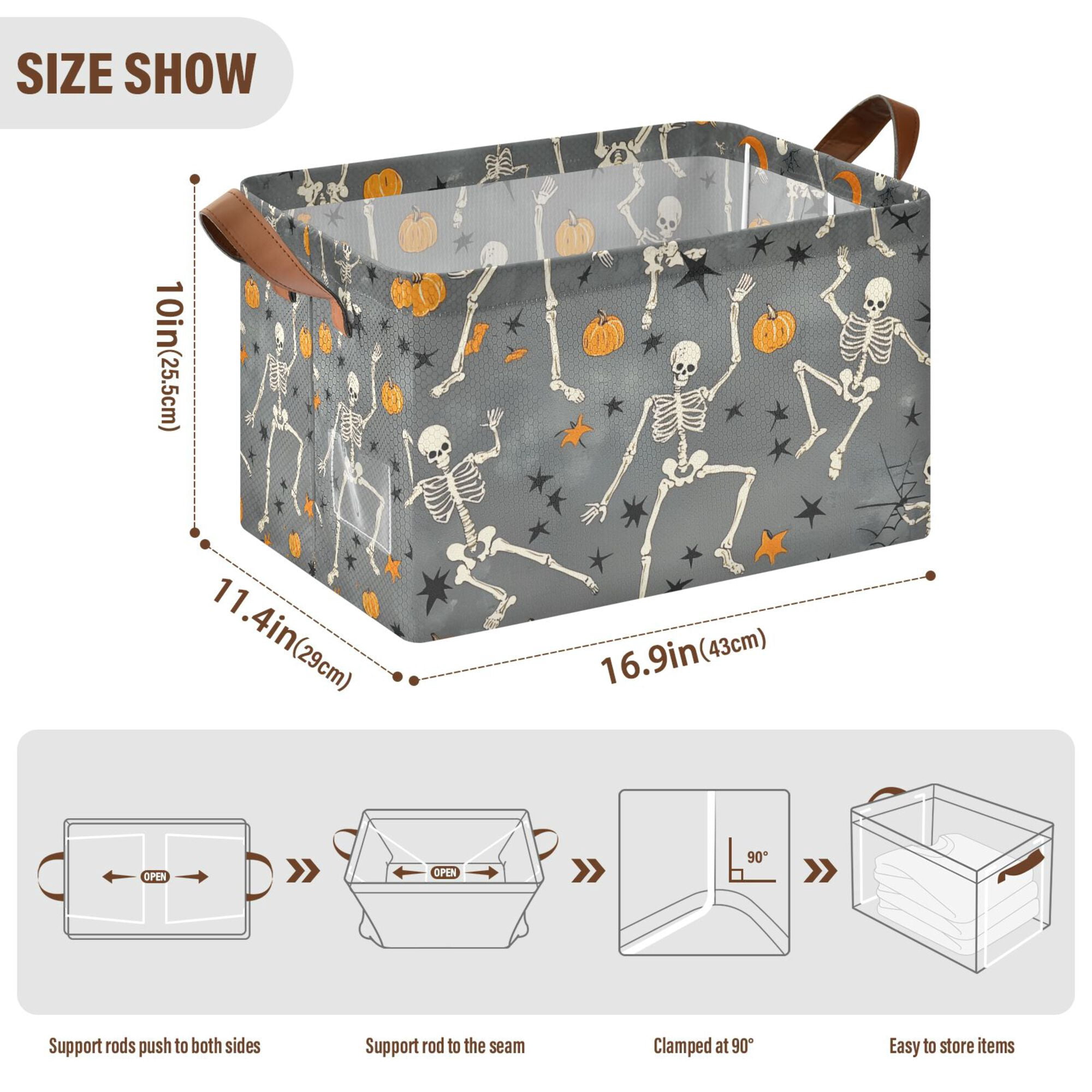 Yayeee Foldable Storage Basket for Shelves with Handles Waterproof Cloth Bins, Halloween Dancing Skeleton