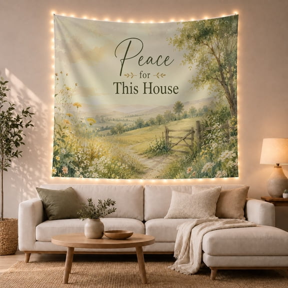 Pastoral Gate with Wildflowers in Hazy Light, Calming Watercolor for Nature Lovers, Rustic Wall Art, Housewarming Gift, Tapestry Wall Hanging for Living Room and Bedroom