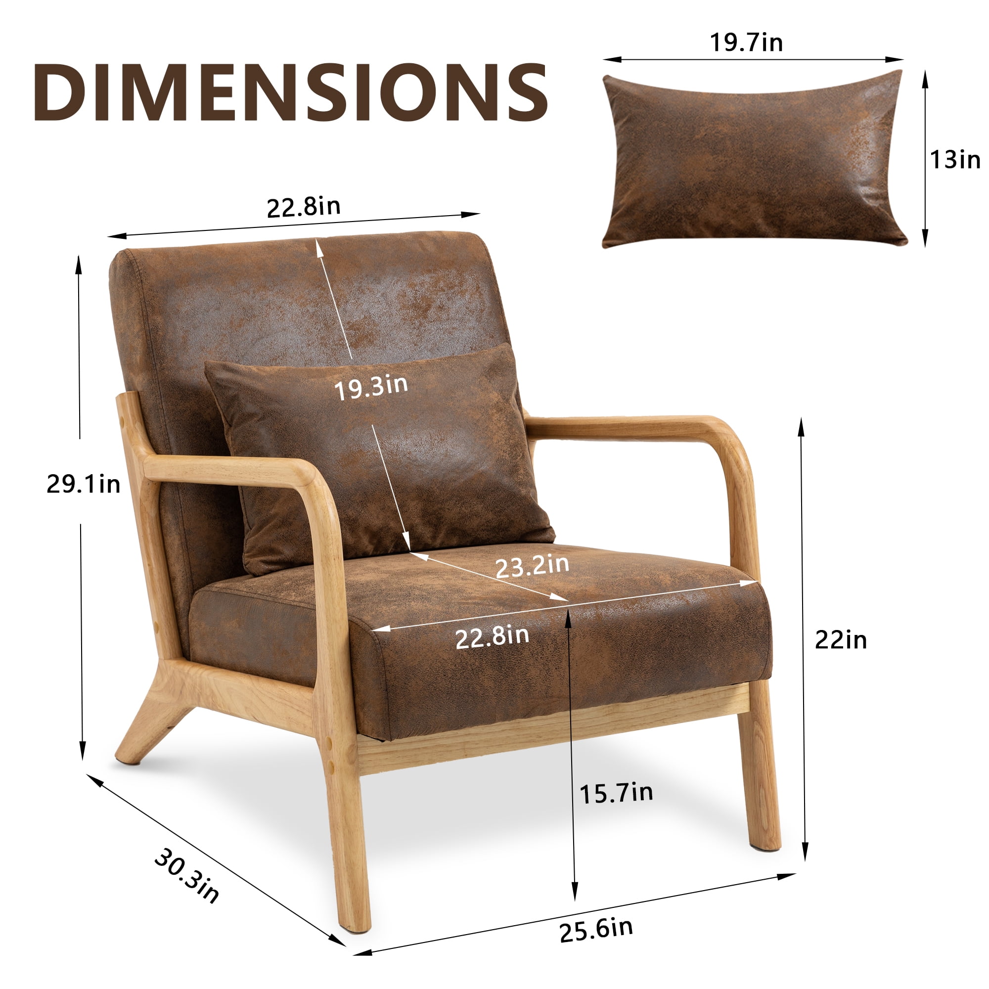 Miniyam Mid Century Modern Accent Chair with Wood Frame, Upholstered Living Room Chairs with Waist Cushion, Reading Armchair,Brown