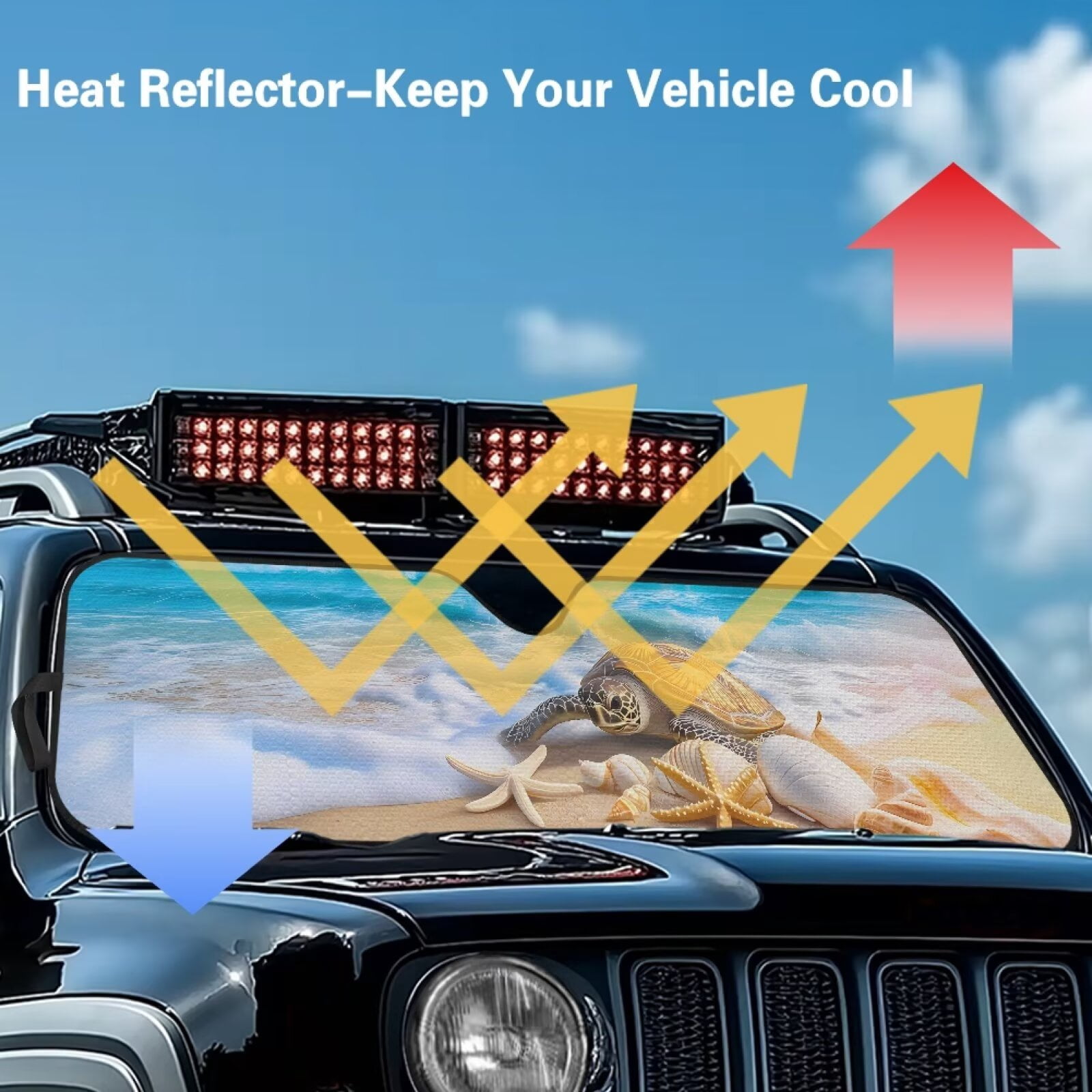 Uorisanigo Windshield Sunshade Beach Starfish Turtle Front Window Sun Shade Fit for Jeep Wrangler JL/JLU 2018-2024 & Jeep Gladiator JT 2020-2024 Foldable Sun Visor, Blocks UV Rays