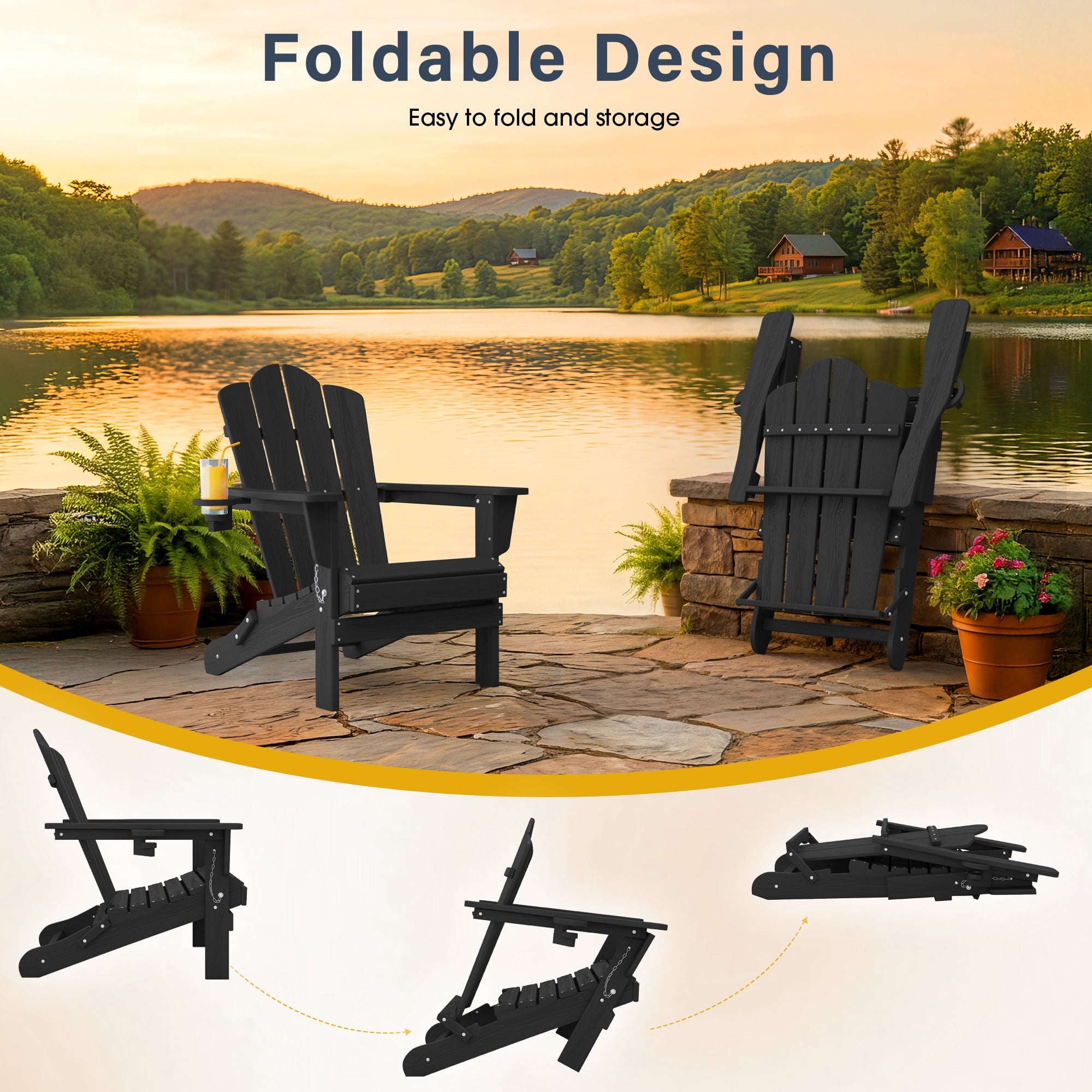 KINGYES Folding Adirondack Chair with Cup Holder, HDPE All-Weather Folding Adirondack Chair, Fir Pit Chairs for Patio Garden Backyard