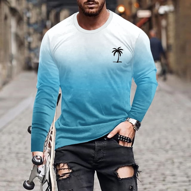 Pisexur Chemise à Manches Longues pour Hommes Tissu de Haute Qualité T-Shirt à Manches Longues Hommes, Mode Décontractée T-Shirt à Col Rond Imprimé Manches Courtes Bleu Clair,TG