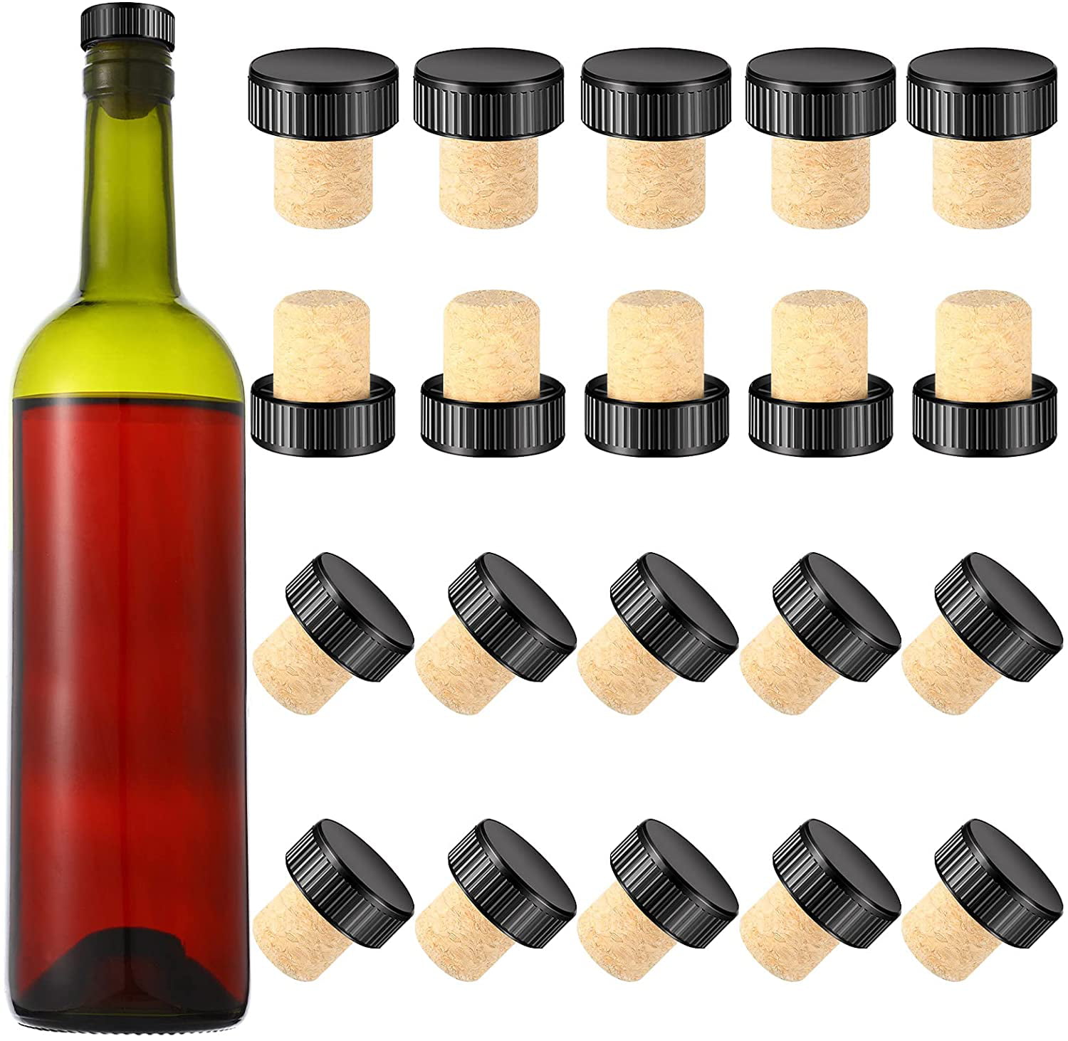 24 Pieces Cork Plugs Cork Stoppers Tasting Corks T-Shape Wine Corks with Black Plastic Top Wooden Wine Bottle Stopper Bottle Plugs Replacement Corks for Wine Beer Bottle Glass Bottles DIY Craft 
