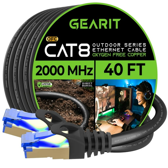 GearIT Cat8 Outdoor Ethernet Cable (40 Feet) Waterproof, Direct Burial, In-Ground, LLDPE UV Jacket, Pure Copper, 26AWG, 40Gbps 2000Mhz SFTP Patch Cord, POE, Network, Internet, Cat 8 Cable - 40ft