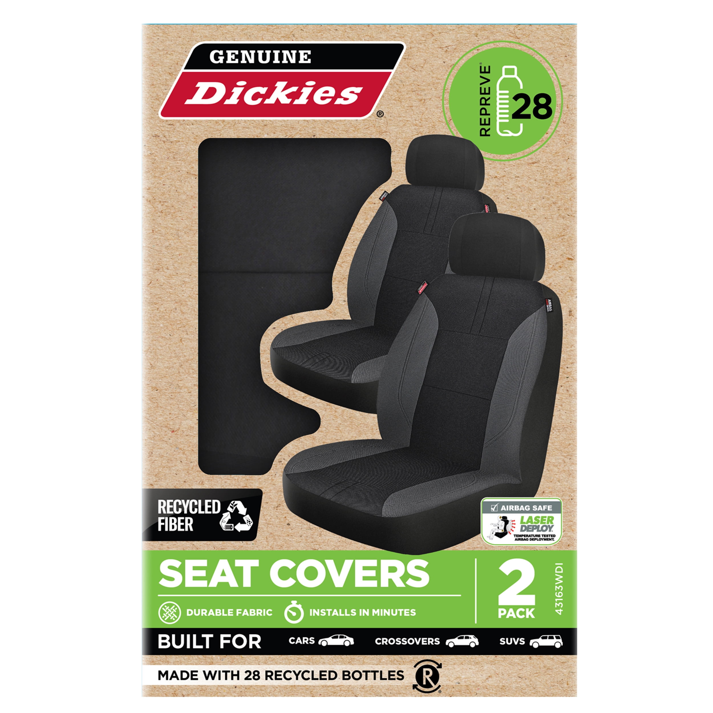 Genuine Dickies 2 Piece Repreve Universal Front Car Seat Covers - Black and Gray, 43163WDI