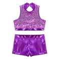 thumbnail image 3 of HULIJA Kids Girls Shiny Sequins Mock Neck Crop Top with Shorts Set Gymnastics Dancewear Purple 14, 3 of 7