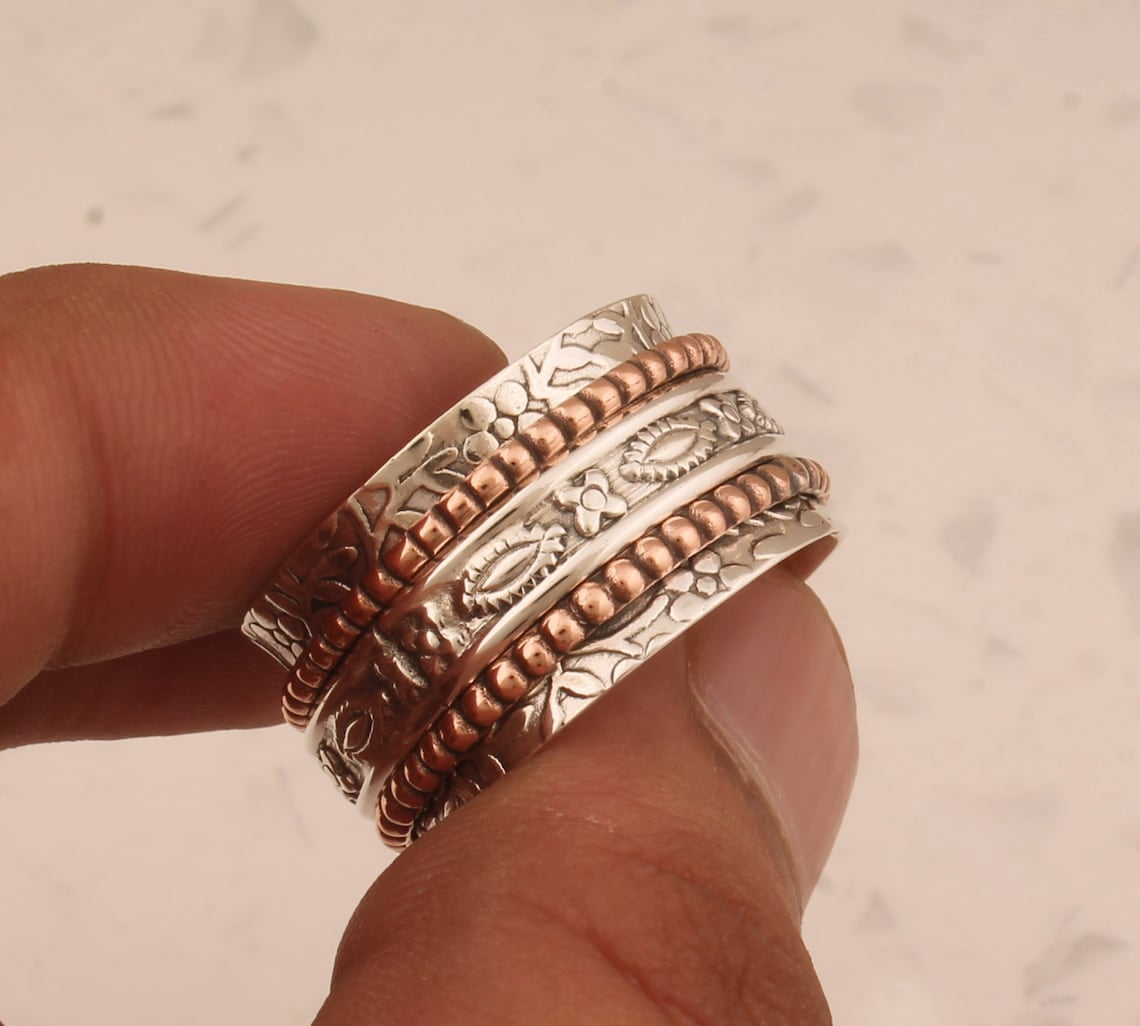 SS DESIGNS- Sterling Silver Spinner Ring | Handmade Two-Tone Silver Meditation Fidget Ring for Stress Relief | Mixed Metal Thumb Band 925