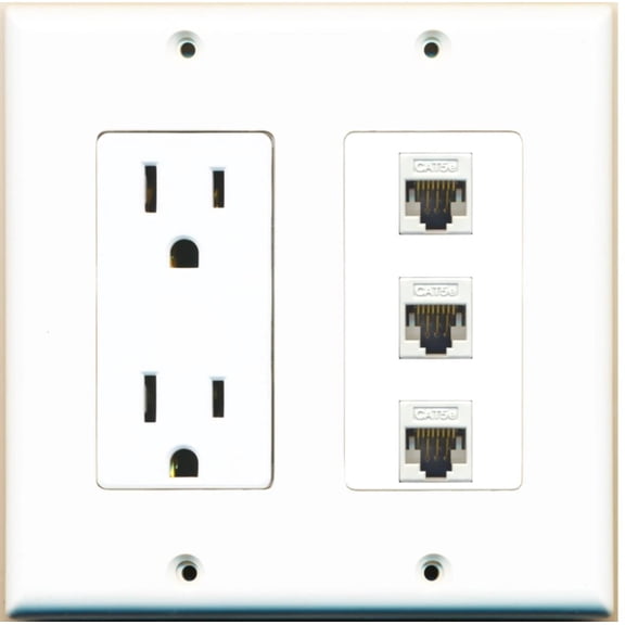Ultra Spec Cables 3 Port Cat5e Ethernet RJ45 Wall Plate w/Power Outlet