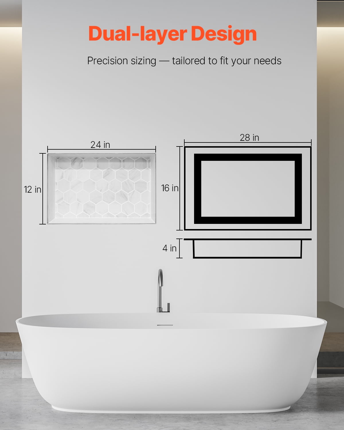 VEVOR Shower Niche, 16 x 28 x 4 inch Recessed Wall Niche with Movable Divider Shelf, Modern Soap & Shampoo Storage Organizer, Square Corners, Sealed Waterproof Design, Black for Bathroom Shower