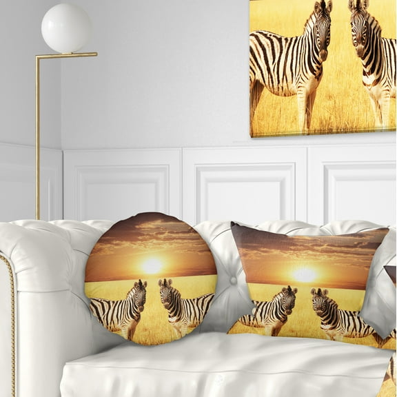 Designart Pair of Zebras in Field At Sunset - African Throw Pillow - 12x20
