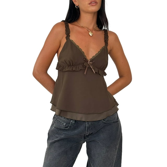 Gupgi Women Sweet Cami Tops Frill Spaghetti Strap Vest Bow Front Ruffled Cropped Camisole