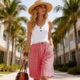 thumbnail image 4 of HongQid Women Bermuda Shorts Knee-Length Drawstring Elastic Waist Wide Leg Baggy Gingham Shorts with Pockets, 4 of 9
