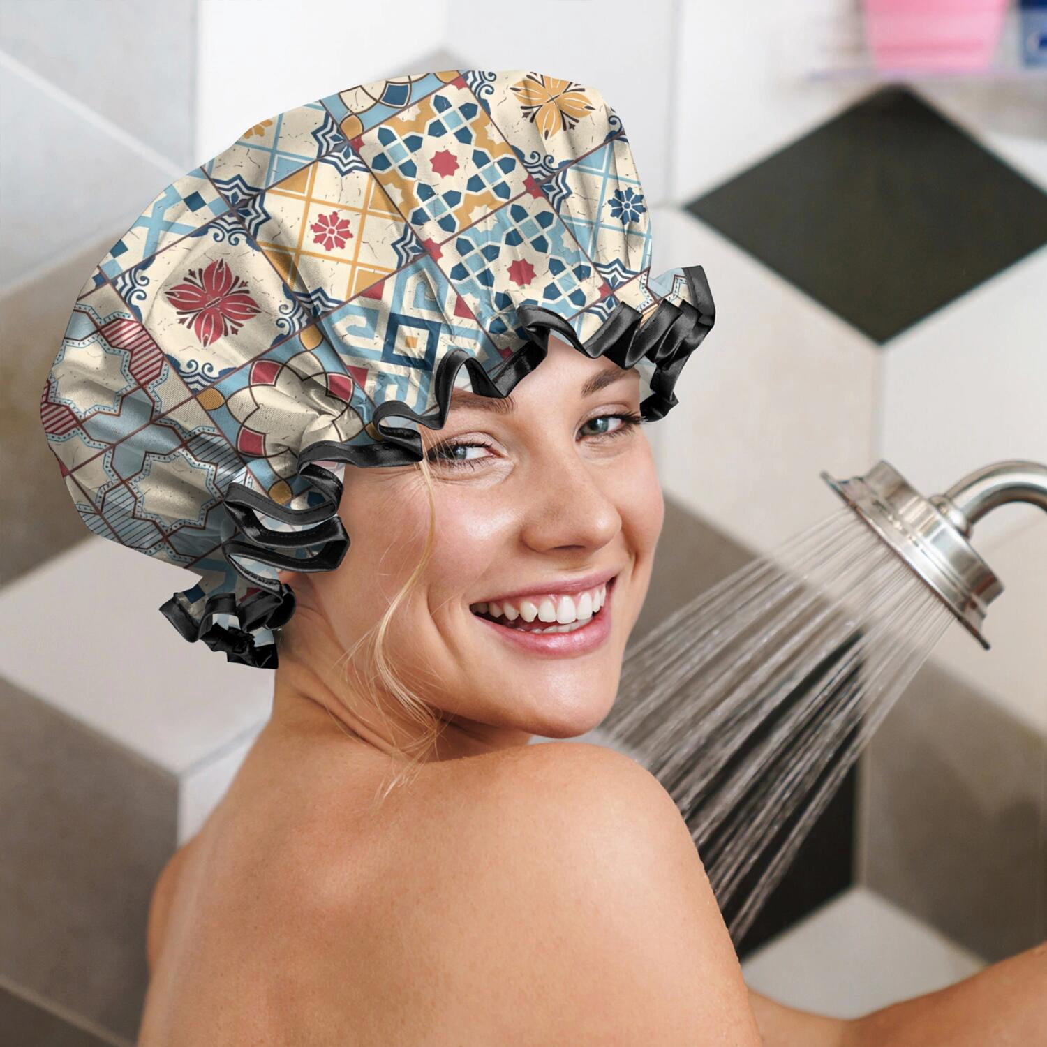 Shower Caps,Multicolor Ethnic Geometric Patchwork Pattern Waterproof Shower Cap for Women 4 Pieces,Double Reusable Hair Cover for Shower PEVA Elastic Stretch Hem