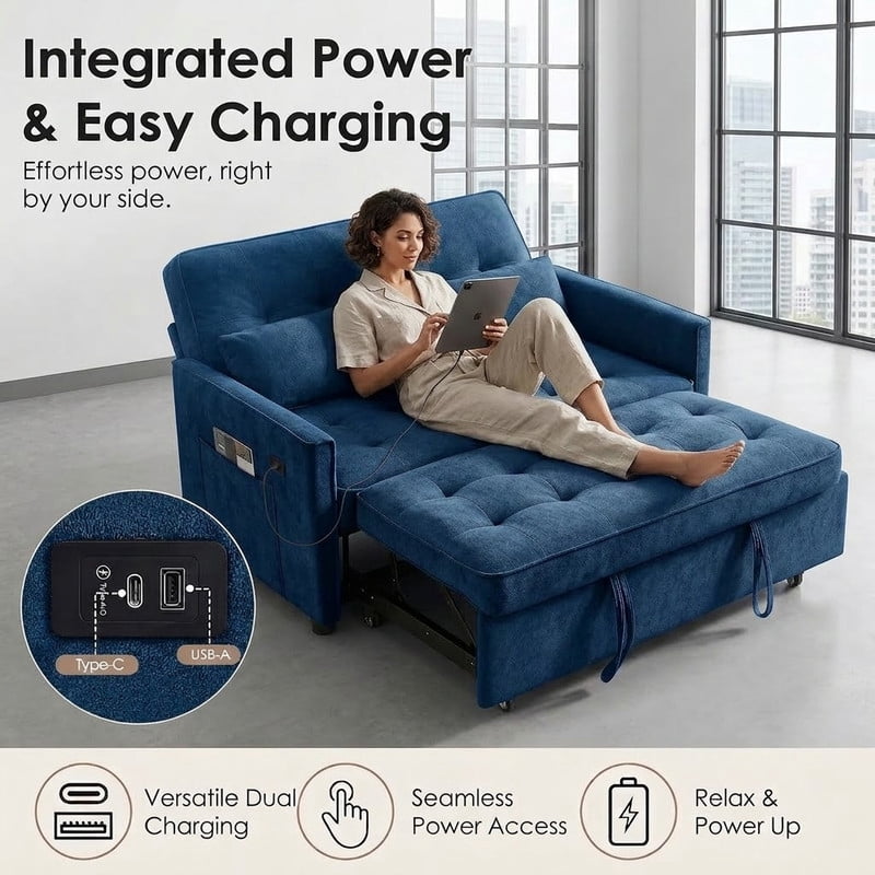 3-in-1 Convertible Sofa Bed with USB Charging Ports, Pull-Out Sleeper Sofa with Adjustable Backrest and Side Pocket, Compact Loveseat Couch for Living Room, Apartment, Dorm