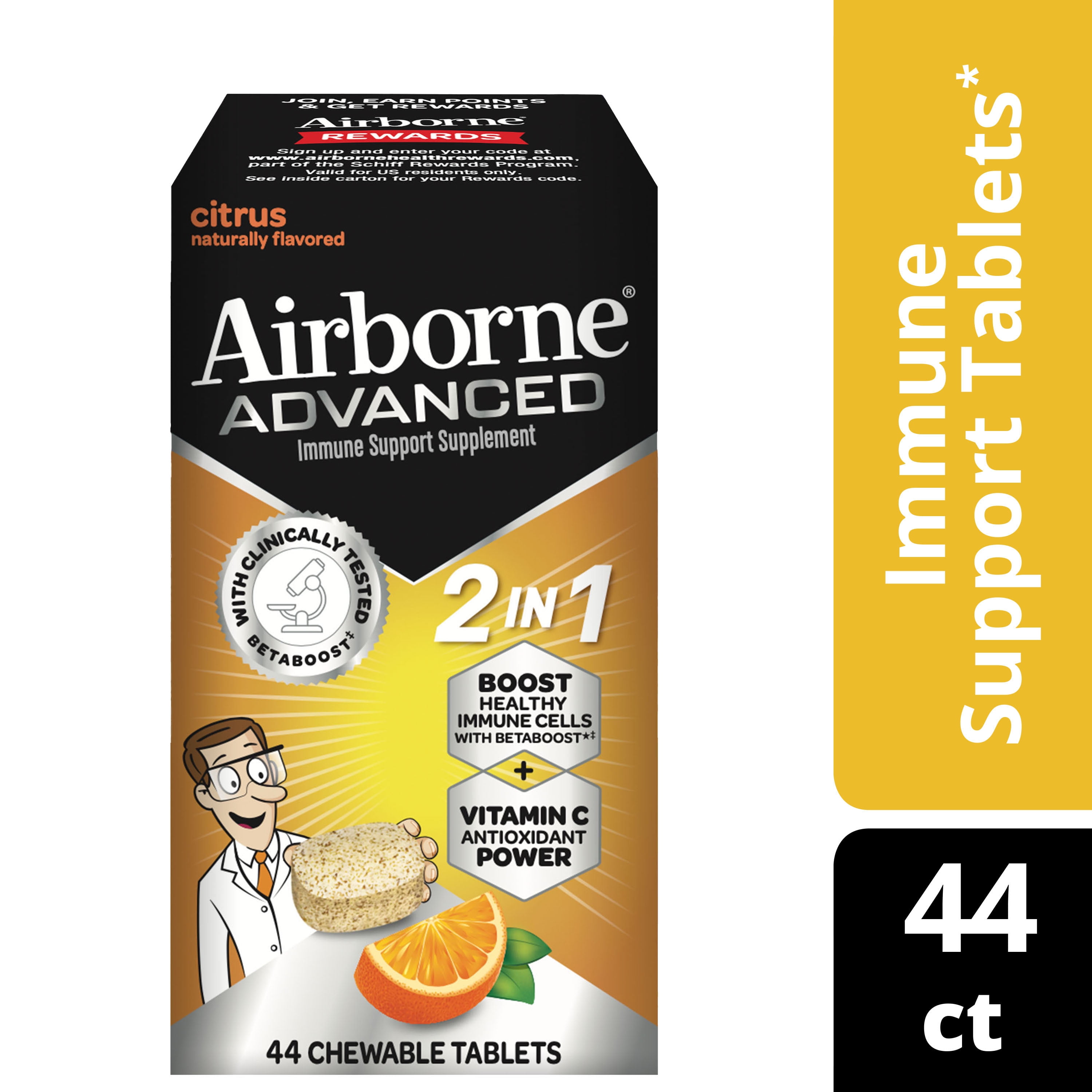 Airborne Advanced Citrus Chewables, 44 count – 500mg of Vitamin C (per serving), Naturally Flavored Immune Support Supplement With Betaboost (Epicor), Antioxidant, Gluten Free, Non-GMO