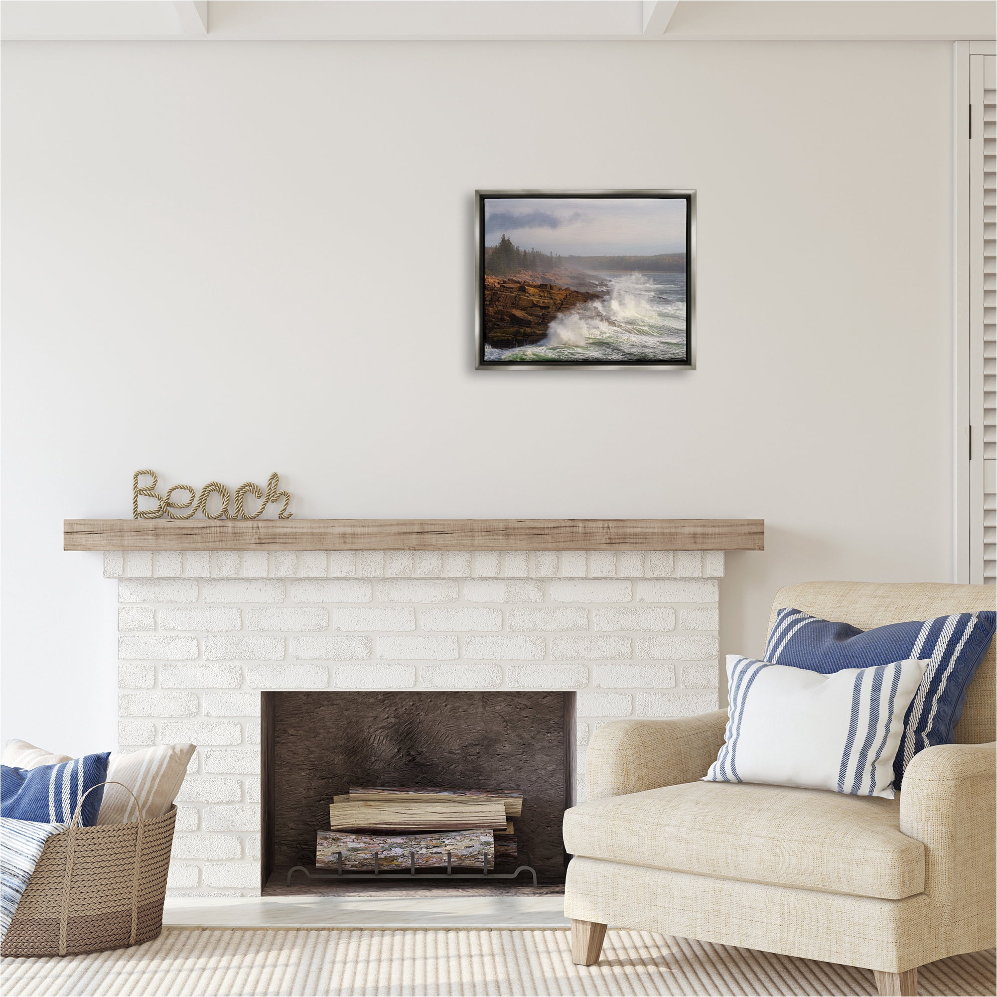 Stupell Industries Rough Waves on Cliff Landscape Photography Gray Floater Framed Canvas Art Print Wall Art, 21 x 17