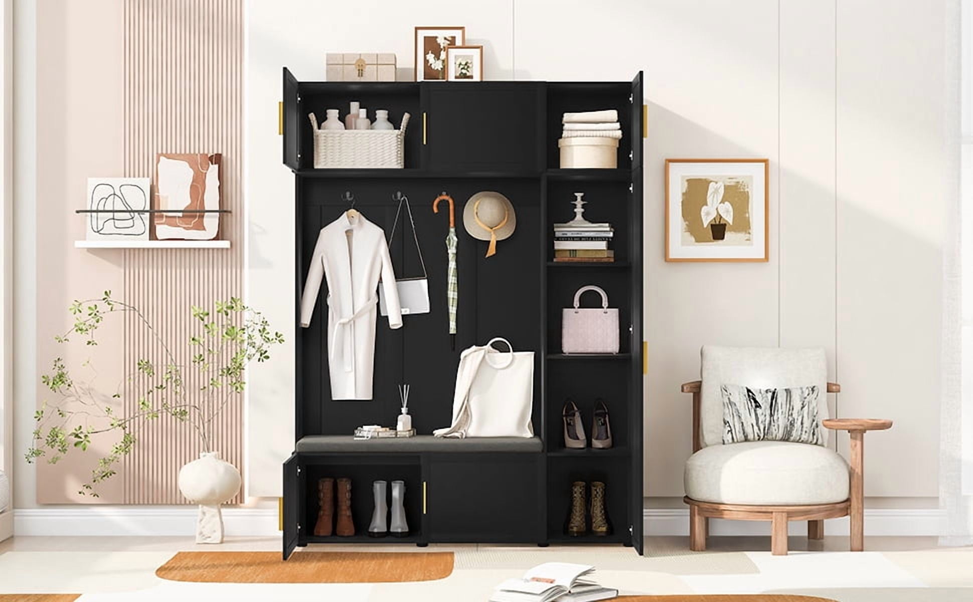 Mintazer All‑in‑One Hall Tree with Cushioned Shoe Bench & Hooks, Entryway Storage Organizer with Cabinets & Open Shelves for Mudroom Hallway, Black
