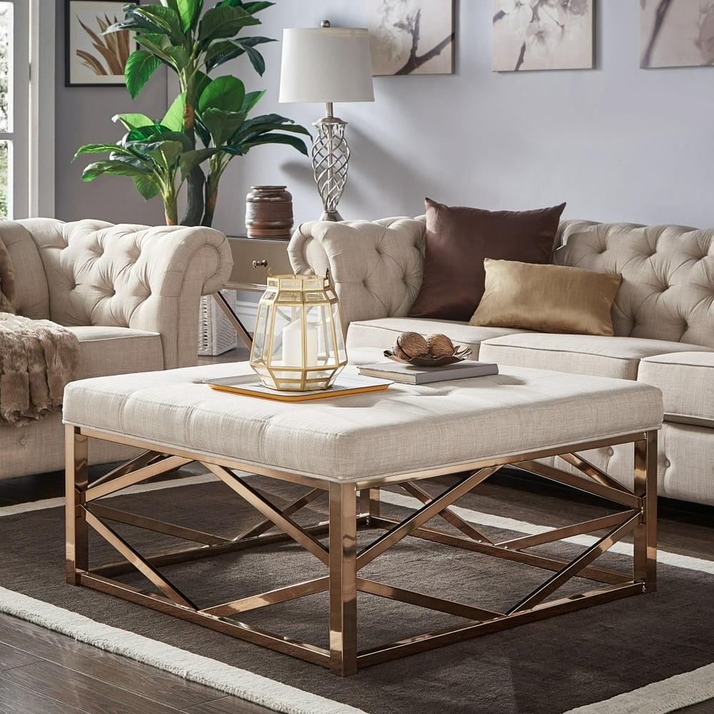 Weston Home Libby Dimpled Tufted Cushion Ottoman Coffee Table with Champagne Gold Geometric Base