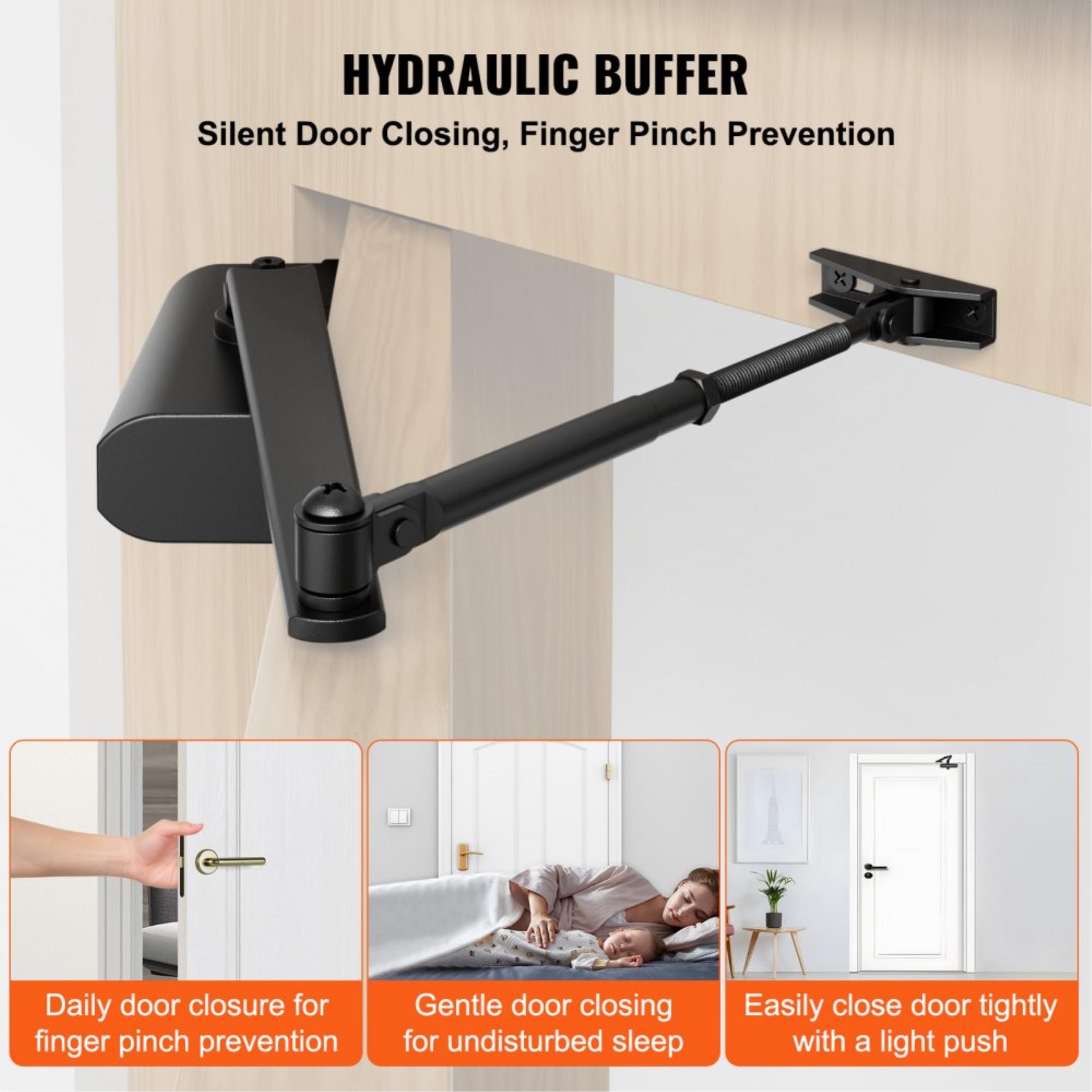 Automatic Door Closer for Commercial or Residential Use, Adjustable Hydraulic Buffer, Heavy Duty Cast Aluminum Body Supports Doors Up to 187 Lbs, Easy Installation - Black