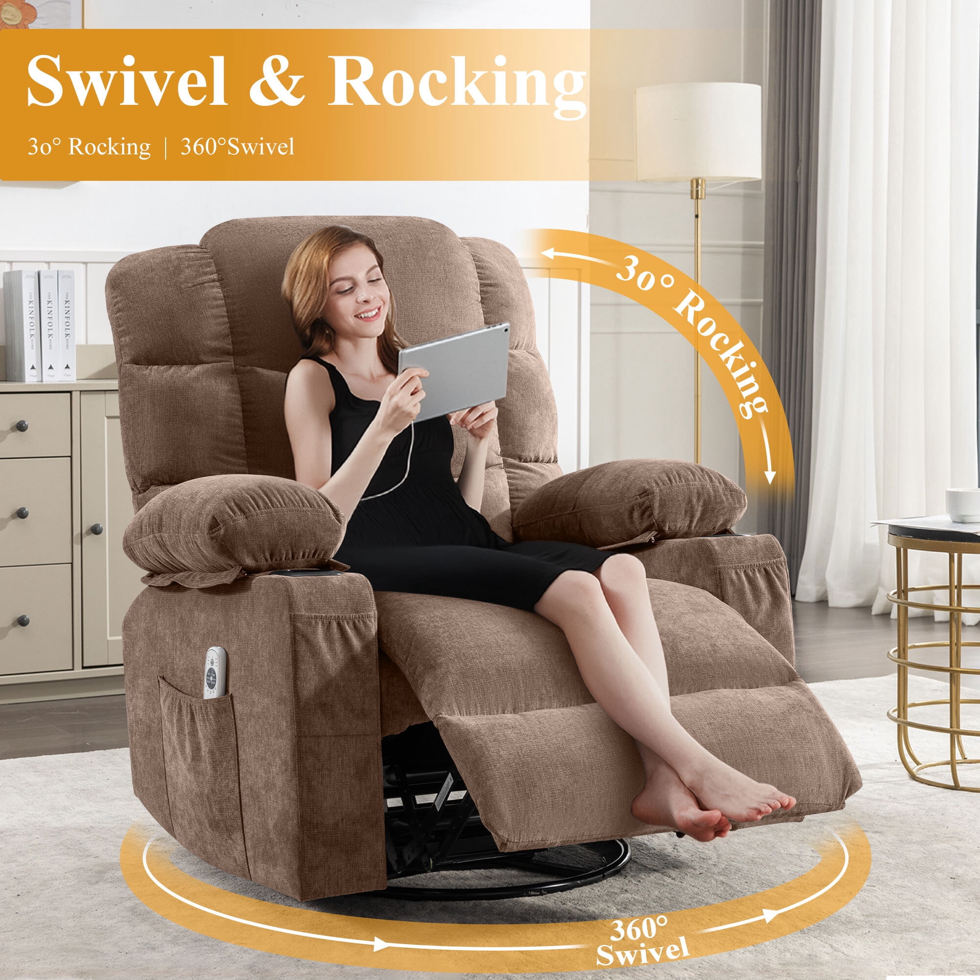 Alvantor Swivel Recliner Chair with Massage & Heat Single Rocker Sofa with Cup Holders for Bedroom Home Theater Brown