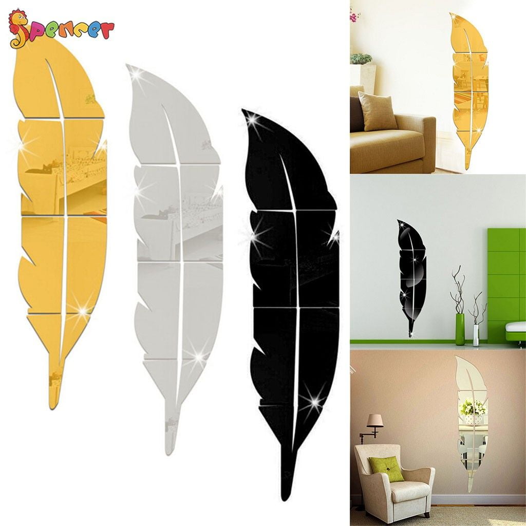 Removable 3D Mirror Tiles Feather Design Wall Stickers Home Bedroom Decals Décor 
