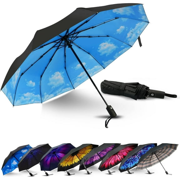 Umbrella Windproof Travel Umbrellas for Rain Black Folding Umbrellas 10 RIBS Automatic Strong Portable Wind Resistant Backpack Umbrella for Men and Women
