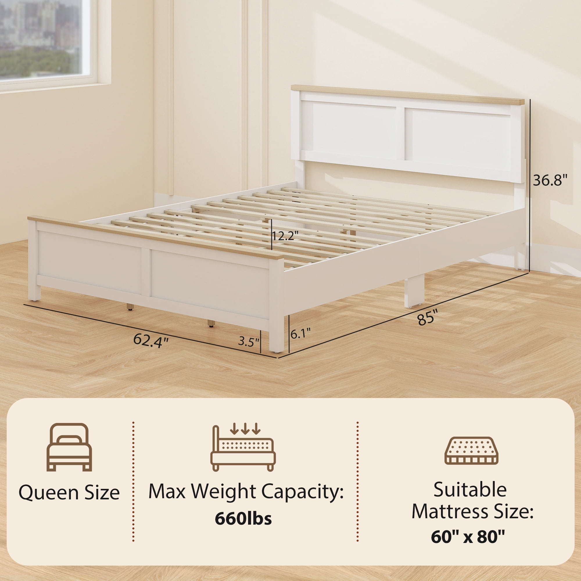 HOMCOM Queen Size Bed Frame with Headboard and Footboard, Queen Platform Bed Frame with Wooden Slats, No Box Spring Needed, Easy Assembly, White
