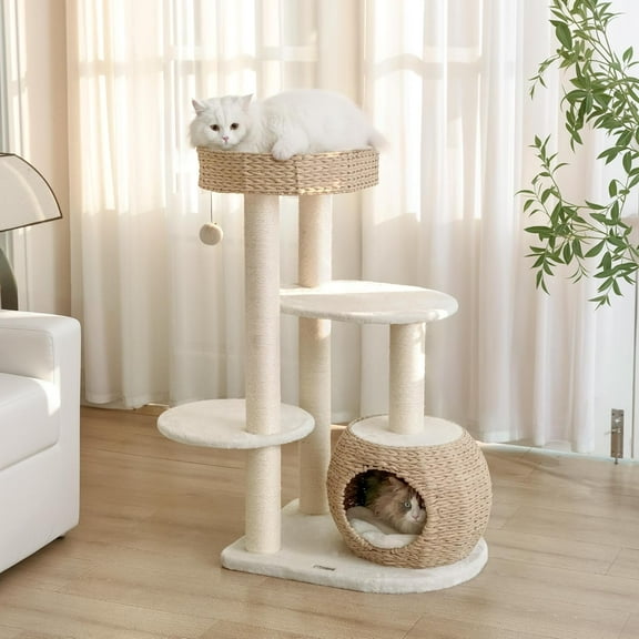 KAMABOKO Modern Cat Tree, Cat Trees for Indoor Cats w/Natural Sisal Scratching Posts, Hand-Woven Condo & Top Perch, 39" Tall Cat-Tree for Kittens Climb Play & Rest