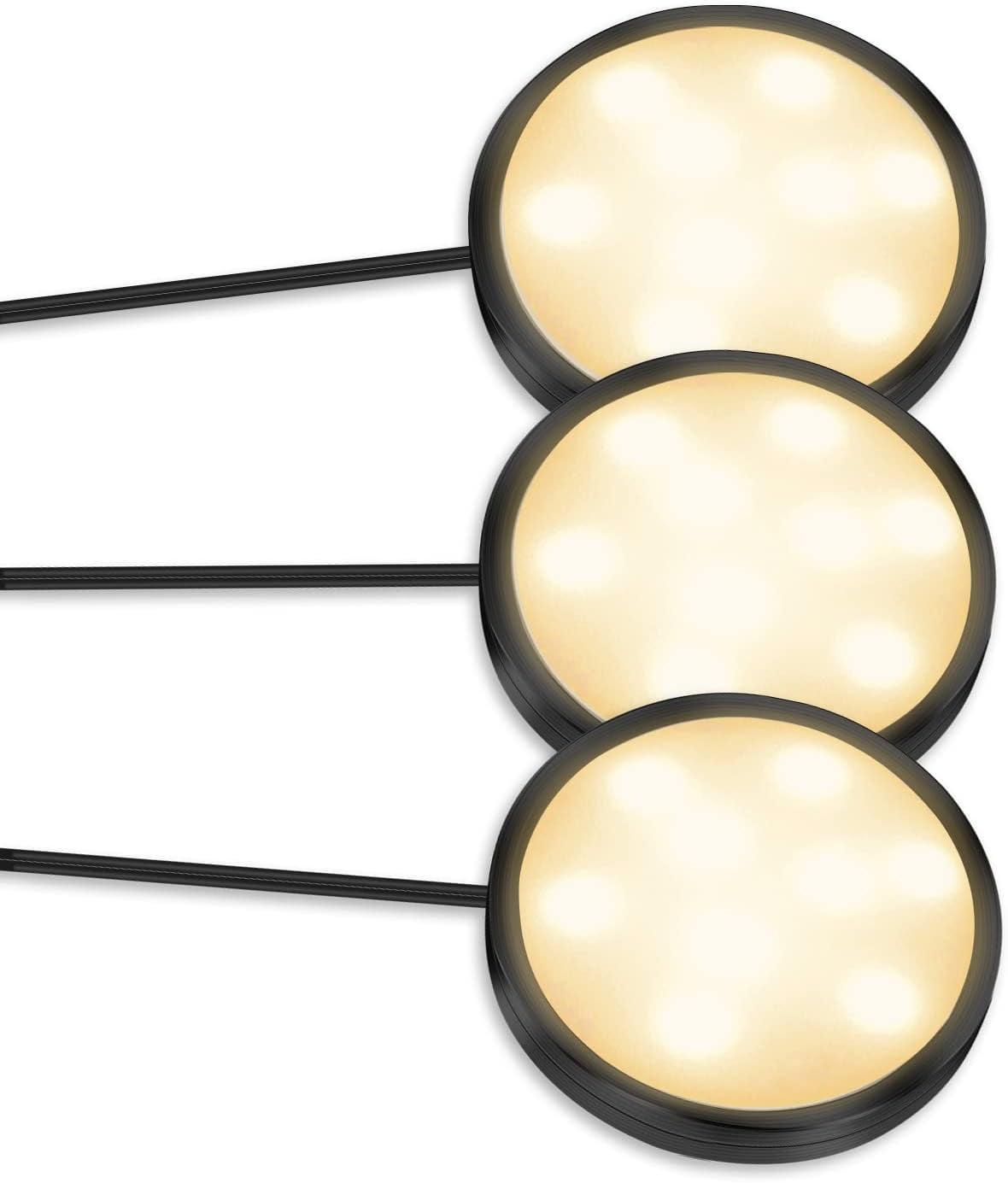 JJEAN-LED Puck Lights, Under Cabinet Lighting Black Trim, 3000K Warm White, CRI90+, Touch Dimming, All Accessories Included, Under Counter Lighting for Kitchen, Closet Lights, Safe Light, 3-Pack