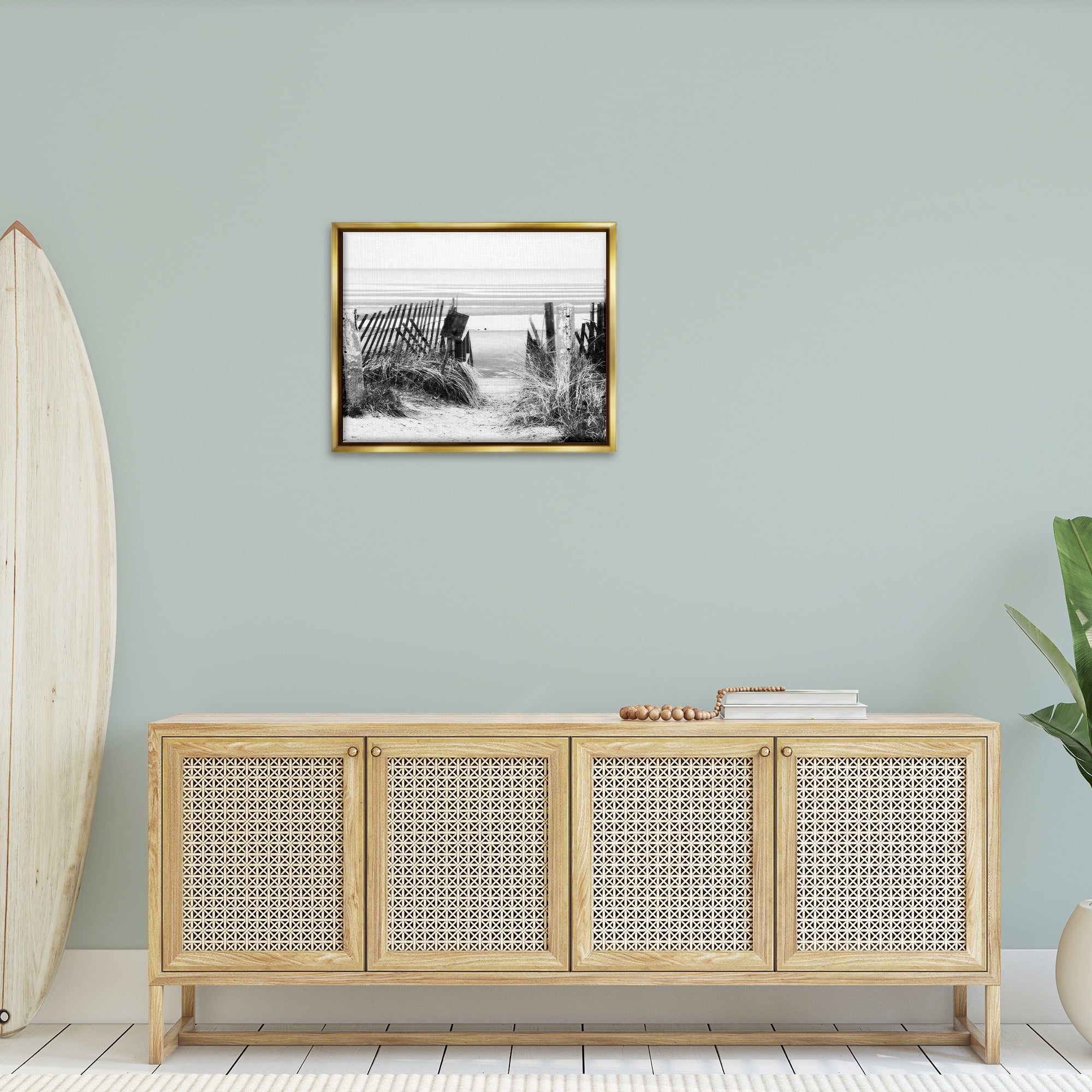 Stupell Industries Fenced Beach Path Landscape Photography Gold Floater Framed Canvas Art Print Wall Art, 31 x 25