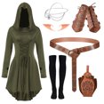 thumbnail image 2 of IROOZIGOTO Womens Medieval Renaissance Dress 7 Piece Costume Set Olive Green Hooded Long Sleeve Lace Up Asymmetric Hem with Faux Leather Accessories for Halloween Cosplay LARP Themed Party, 2 of 9