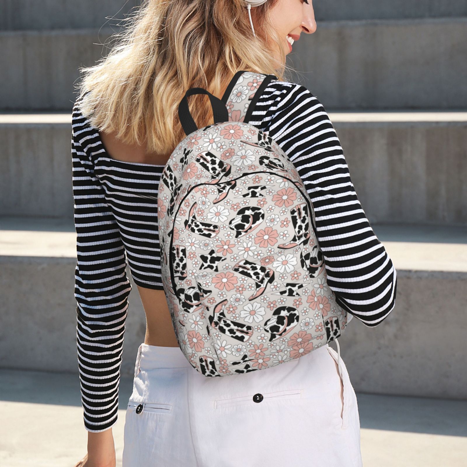 Travel Laptop Backpack - Cow Print Cowboy Hat Boots Flower Lightweight Canvas Backpack, Wear Resistant Computer Backpack Bag Fit {sizeName} Laptop for Men Women with Adjustable Padded Shoulder Straps