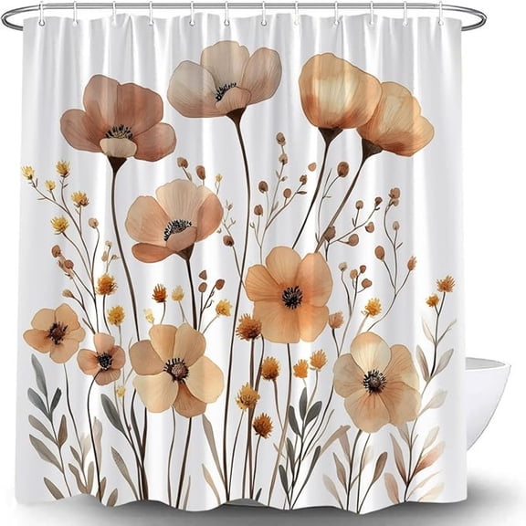 Brown Boho Floral Shower Curtain Watercolor Flower Plant Wildflower Herbs Modern Minimalist Aesthetic Cute Botanical Bath Curtain With Hooks 36"W x 72"L