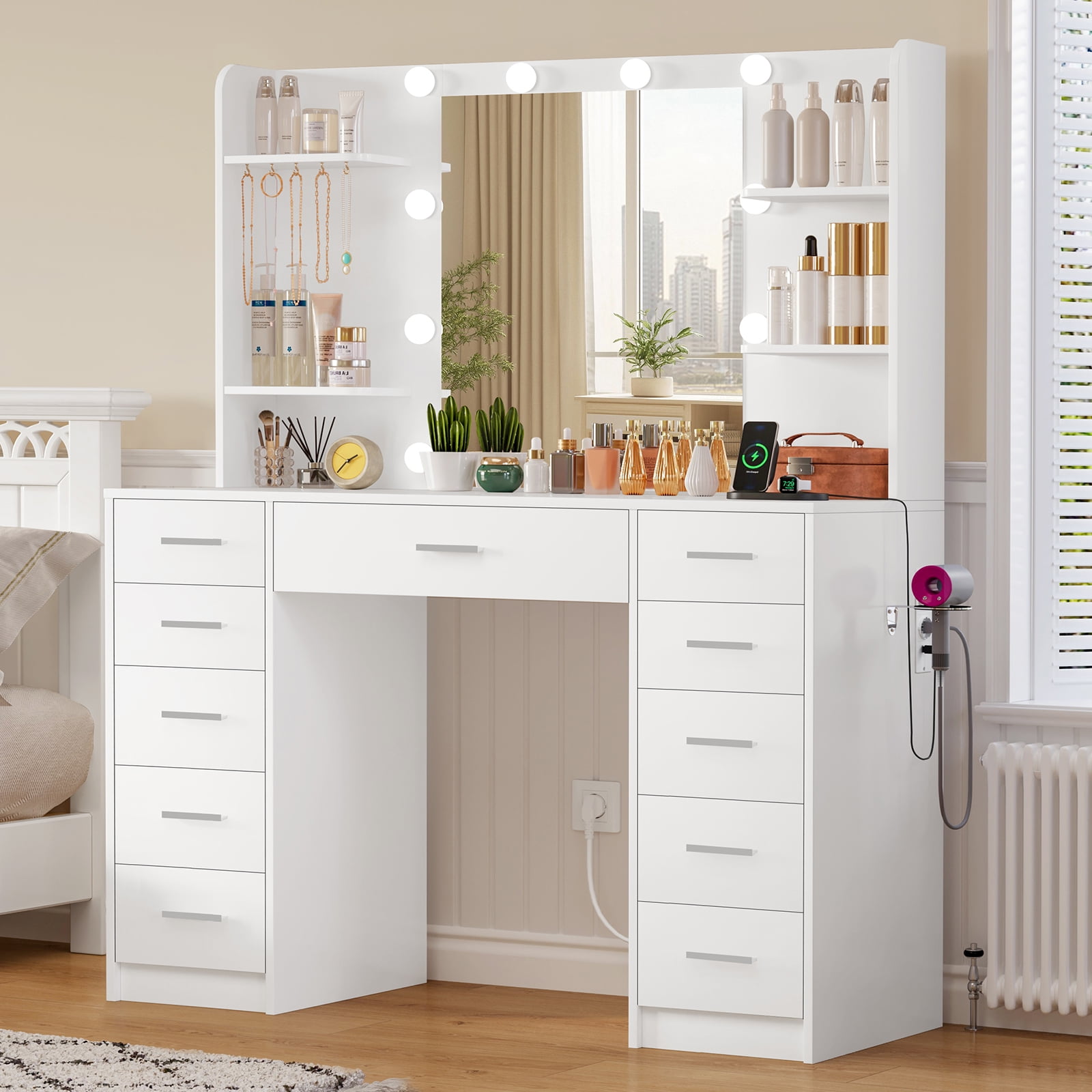 Makeup Vanity Set with Mirror, Vanity Desk with 11 Drawers and Adjustable Lights, Power Outlet, 6 Open Storage Shelves & 5 Hooks, vanity set for Bedroom, White