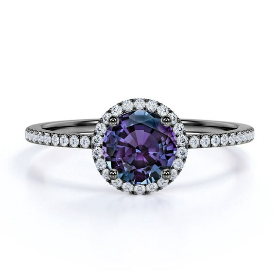 JeenMata Classic Halo Design - 1 TCW Round Shaped Lab Created Alexandrite and Moissanite - Petite Pave Engagement Ring - 18K Black Gold Plating over Silver