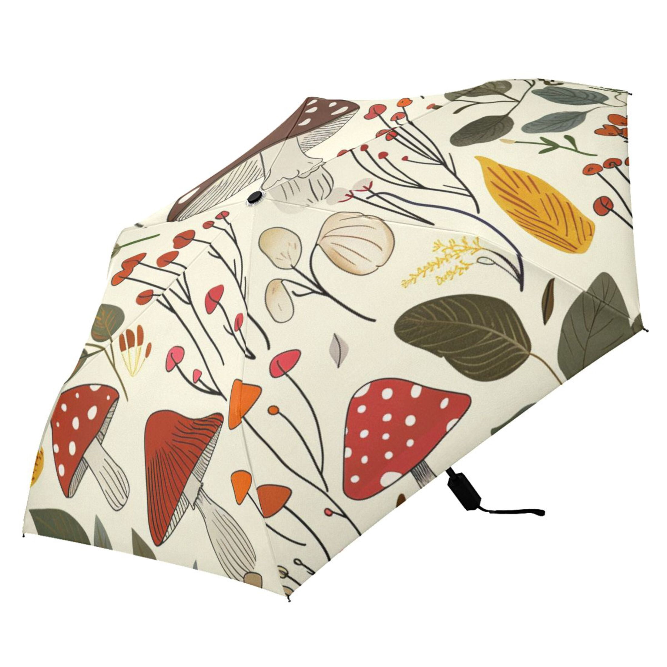 ALAZA Mushrooms Leaves UPF 50+ Compact Folding Umbrella for Rain Travel Umbrella Packable