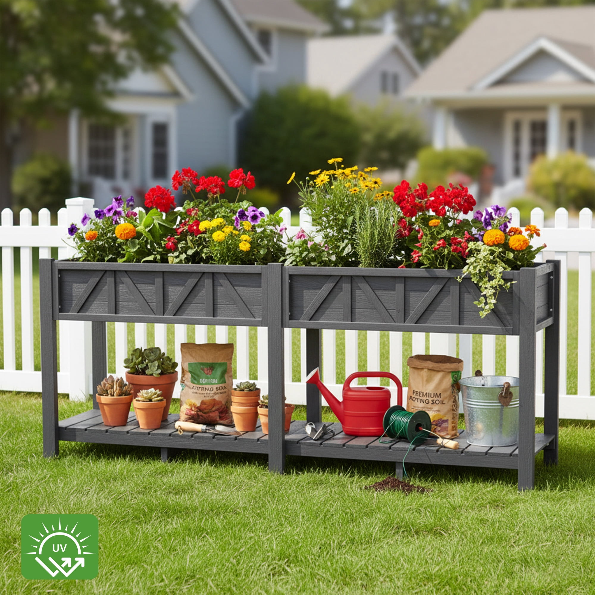 AwayHome 72"L x 17.3"W x 28.7"H 2-Tier Gray Outdoor Elevated Raised Garden Bed with Legs&Handle