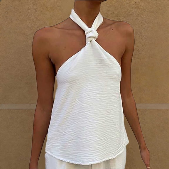 Babysbule Women's Halter Neck Knot Front Sleeveless Tank Top, Textured Solid Color Casual Blouse, Polyester Summer Shirt for Beach Vacation and Daily Wear